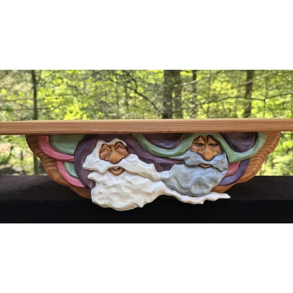 Beautiful Hand Carved Natural Wooden Old Man Santa Claus Whimsical Wall Shelf